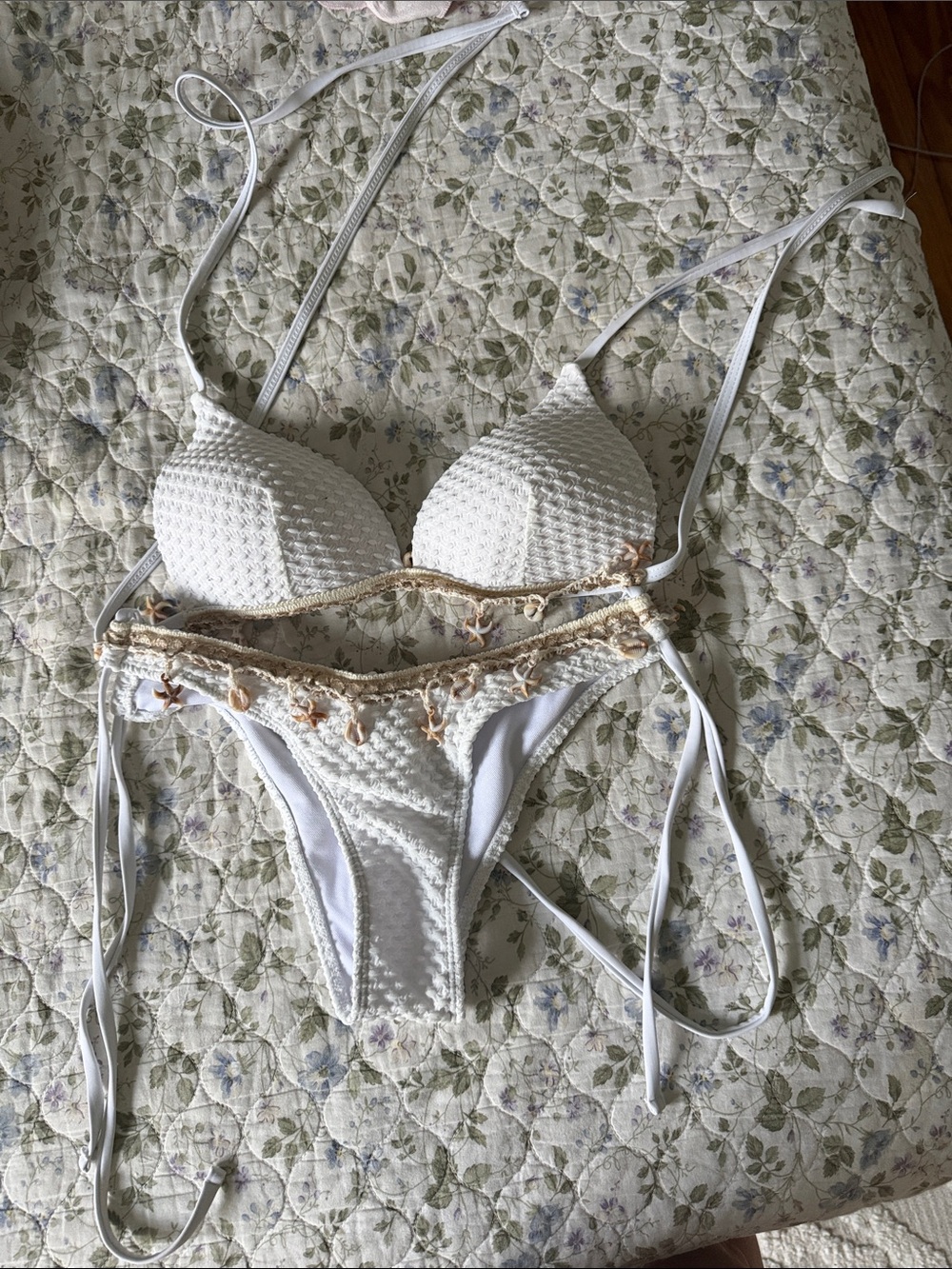 White Textured Push-Up Bikini with Shell Accent